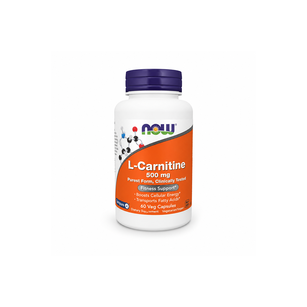 NOW L-Carnitine 500 mg 60 Veg Capsules dietary supplement supporting cellular energy and fatty acid metabolism with Carnipure® L-Carnitine.