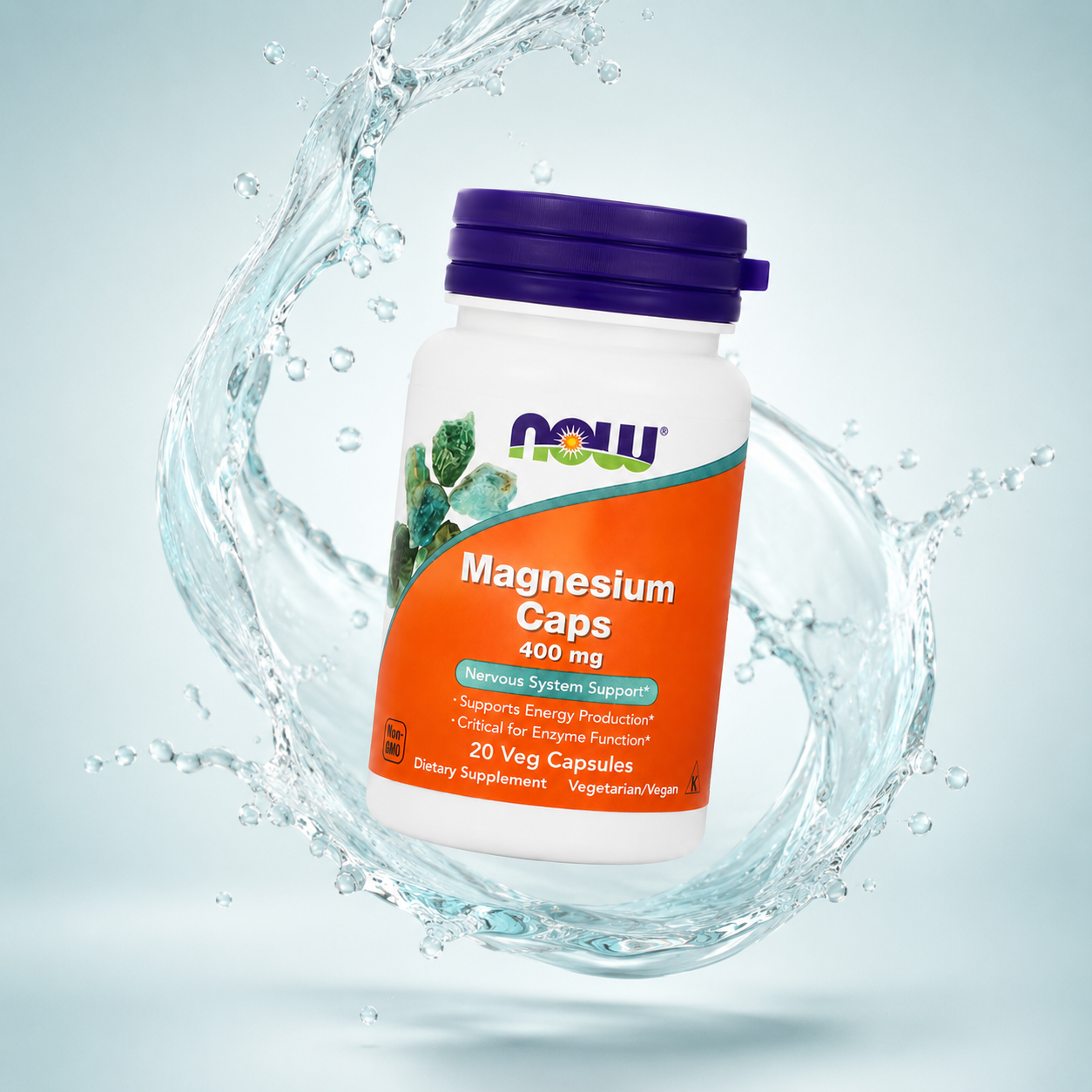 NOW Magnesium Caps 400 mg 20 Veg Capsules magnesium dietary supplement supporting nervous system, muscle health, and daily energy production.