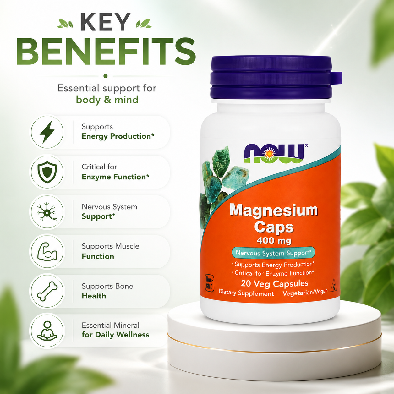 NOW Magnesium Caps 400 mg 20 Veg Capsules magnesium dietary supplement supporting nervous system, muscle health, and daily energy production.