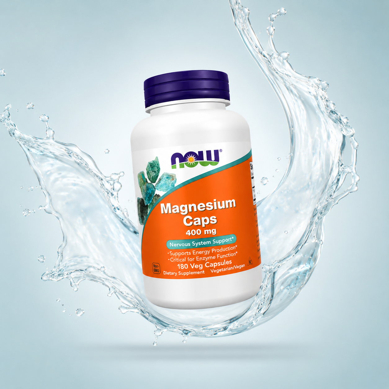 NOW Magnesium Caps 400 mg 180 Veg Capsules dietary supplement bottle supporting muscle, nerve and energy health with 400 mg elemental magnesium.