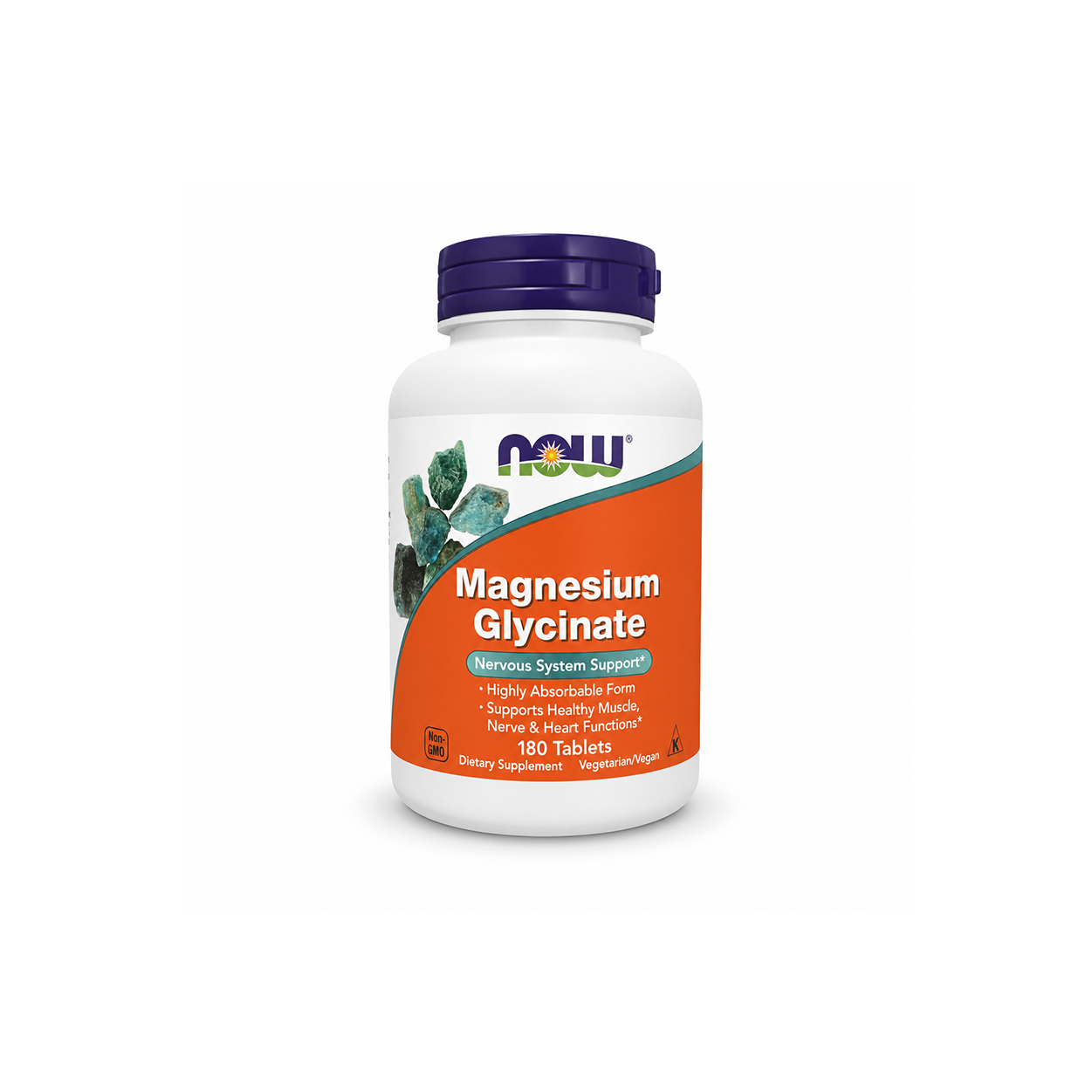 NOW Magnesium Glycinate Nervous System Support 180 Tablets dietary supplement for muscle, nerve and heart health with highly absorbable magnesium.
