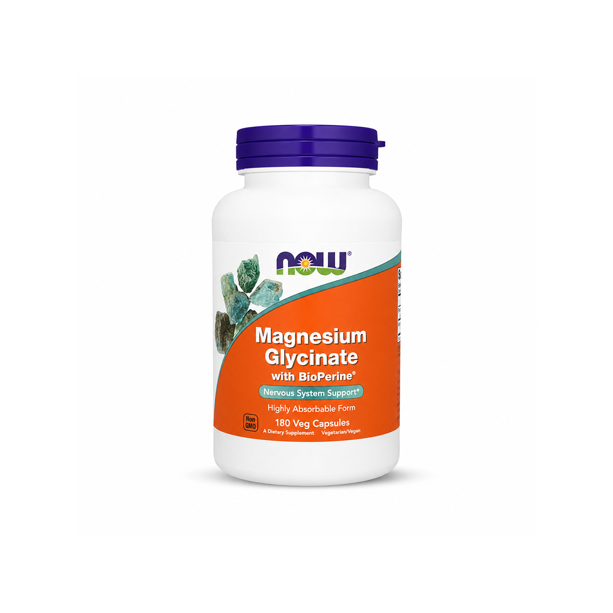 NOW Magnesium Glycinate with BioPerine 180 Veg Capsules dietary supplement for highly absorbable muscle and nervous system support.