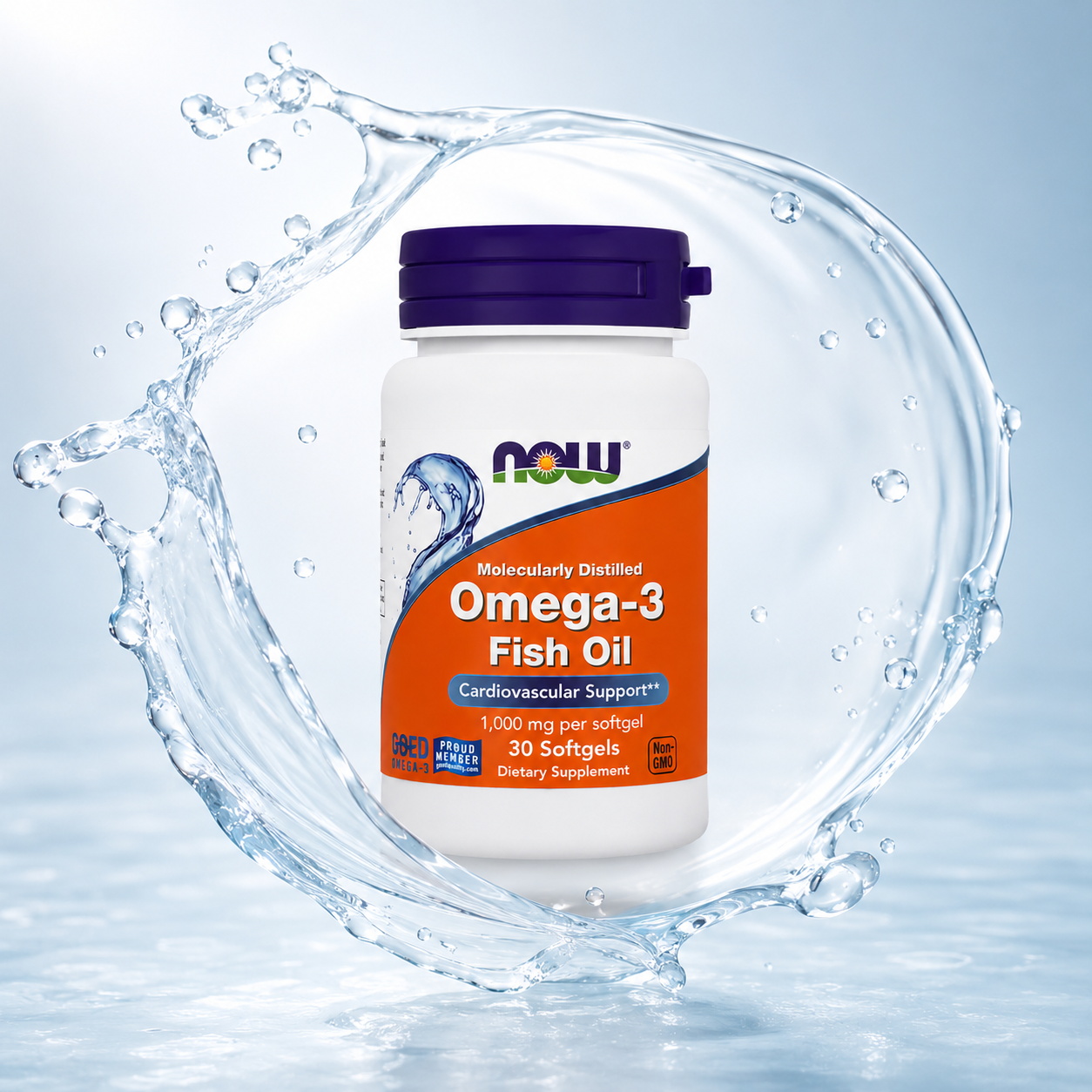 NOW Molecularly Distilled Omega-3 Fish Oil 1000 mg 30 Softgels dietary supplement bottle supporting cardiovascular, brain and eye health.