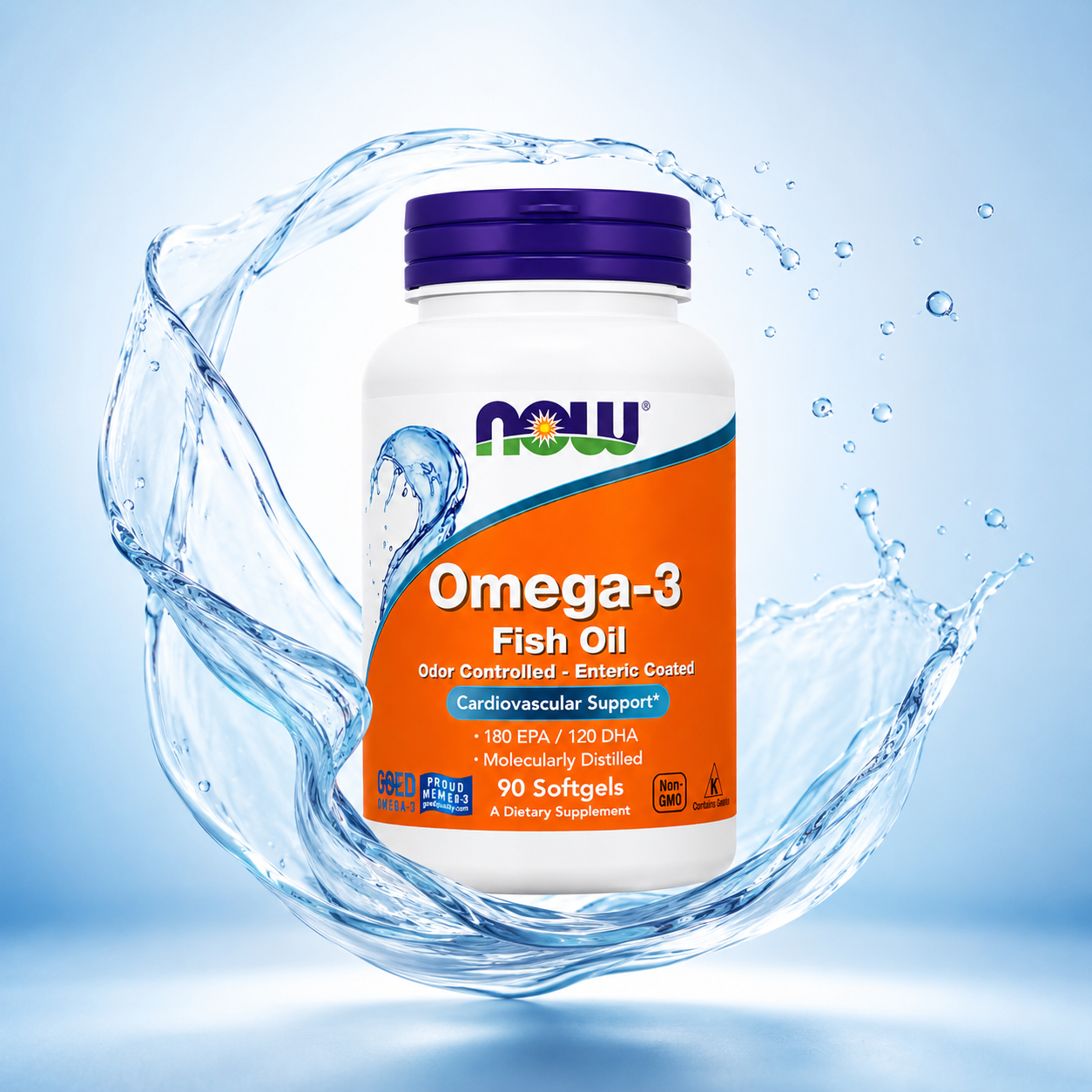 NOW Omega-3 Fish Oil Odor Controlled Enteric Coated Dietary Supplement Softgels 90 Softgels supporting heart and brain health