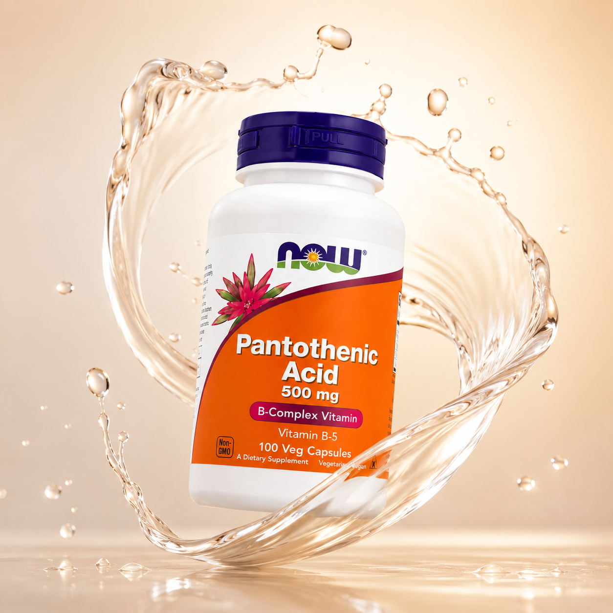 NOW Pantothenic Acid 500 mg Vitamin B-5 Dietary Supplement 100 Veg Capsules supporting healthy energy metabolism and adrenal function.