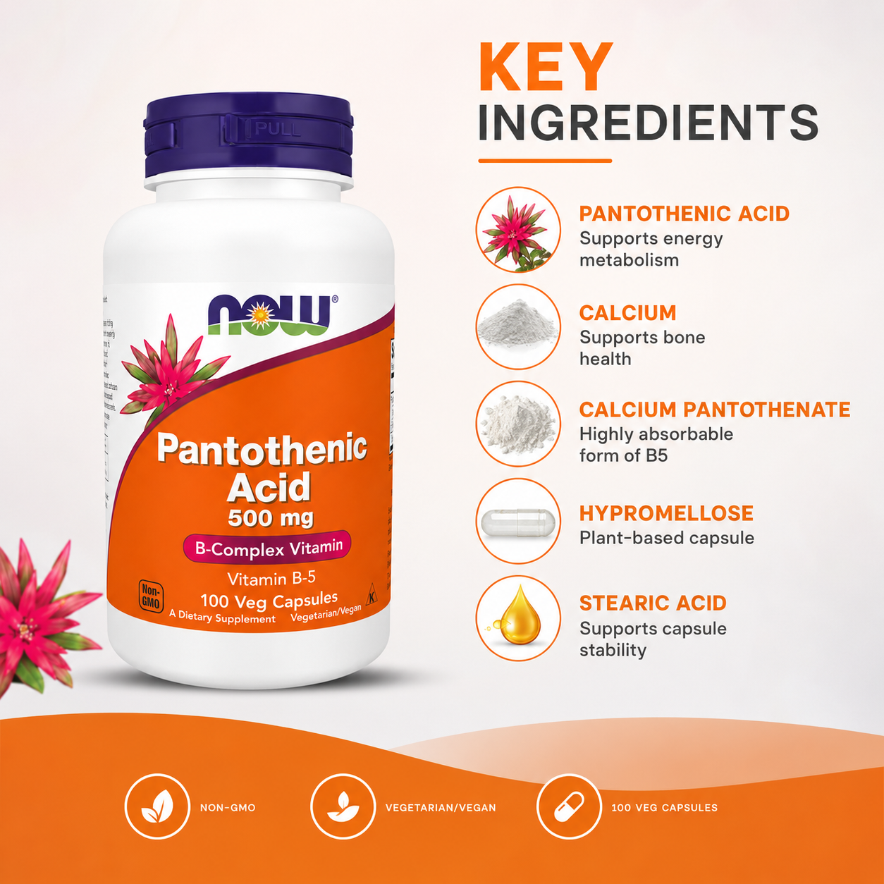 NOW Pantothenic Acid 500 mg Vitamin B-5 Dietary Supplement 100 Veg Capsules supporting healthy energy metabolism and adrenal function.