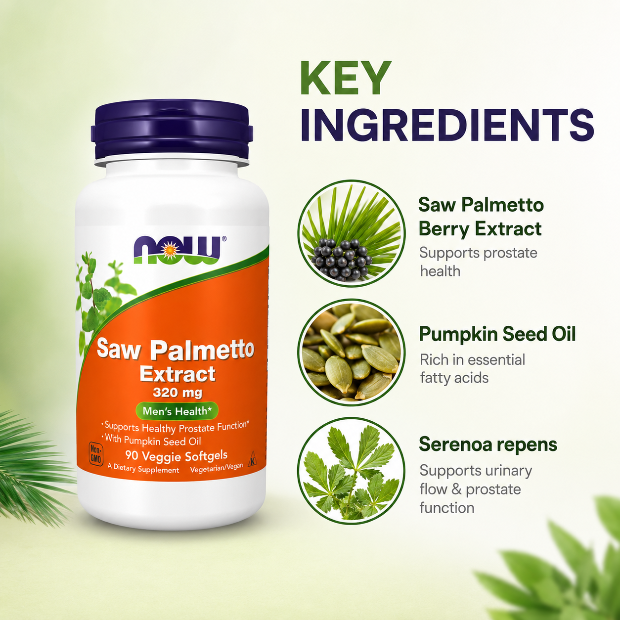 NOW Saw Palmetto Extract 320 mg Men's Health Dietary Supplement 90 Veggie Softgels with Pumpkin Seed Oil for prostate support