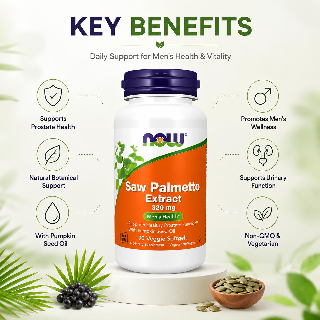 NOW Saw Palmetto Extract 320 mg Men's Health Dietary Supplement 90 Veggie Softgels with Pumpkin Seed Oil for prostate support