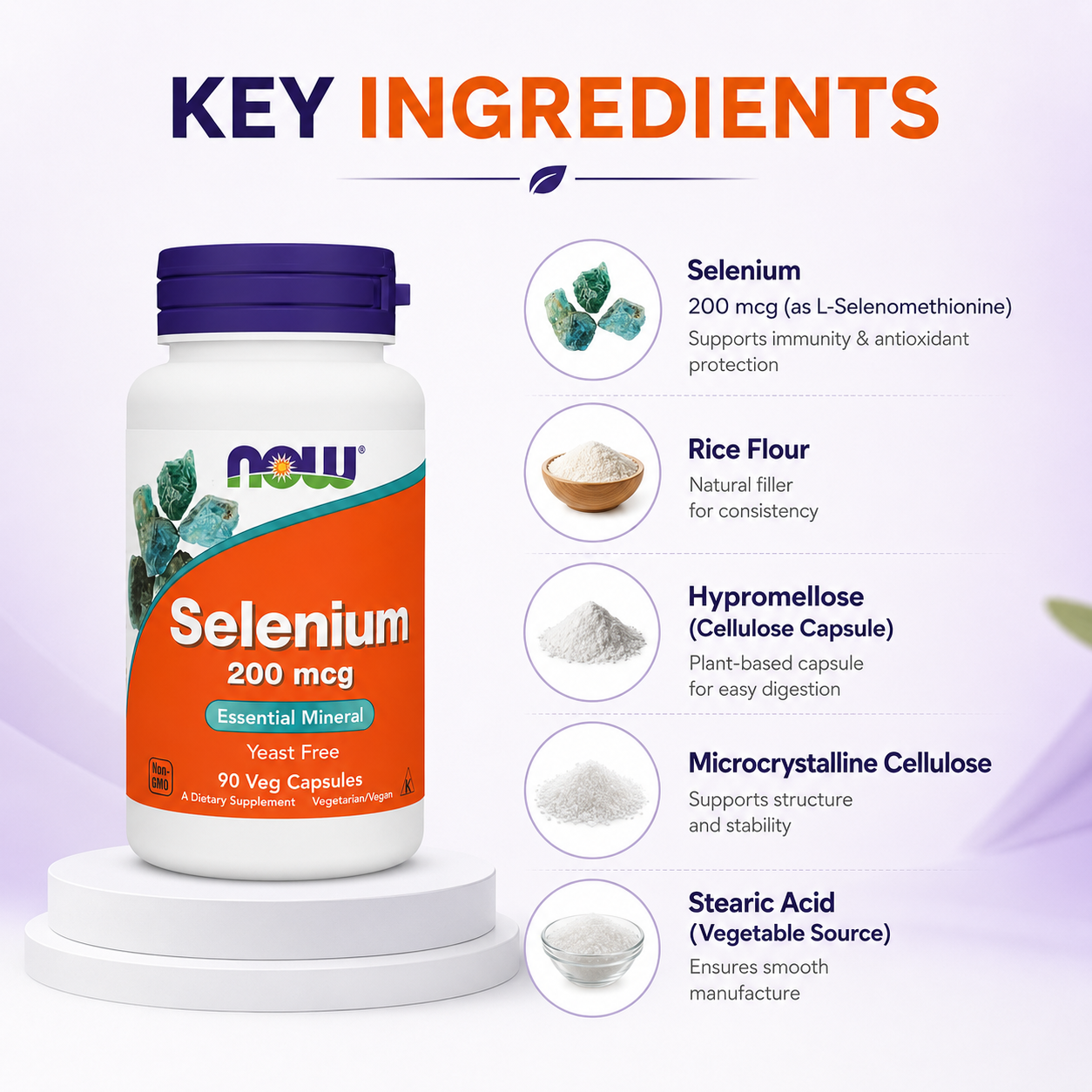 NOW Selenium 200 mcg Essential Mineral Yeast Free 90 Veg Capsules dietary supplement supporting immune, thyroid, and antioxidant health.