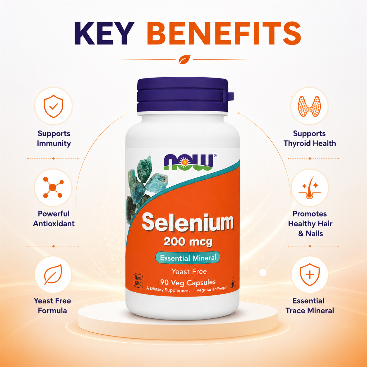NOW Selenium 200 mcg Essential Mineral Yeast Free 90 Veg Capsules dietary supplement supporting immune, thyroid, and antioxidant health.