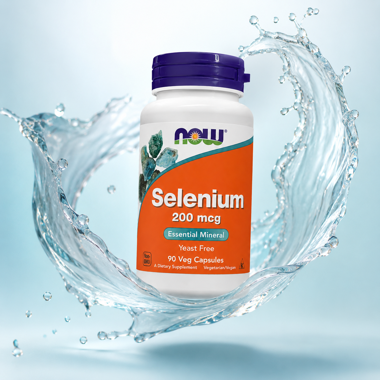 NOW Selenium 200 mcg Essential Mineral Yeast Free 90 Veg Capsules dietary supplement supporting immune, thyroid, and antioxidant health.