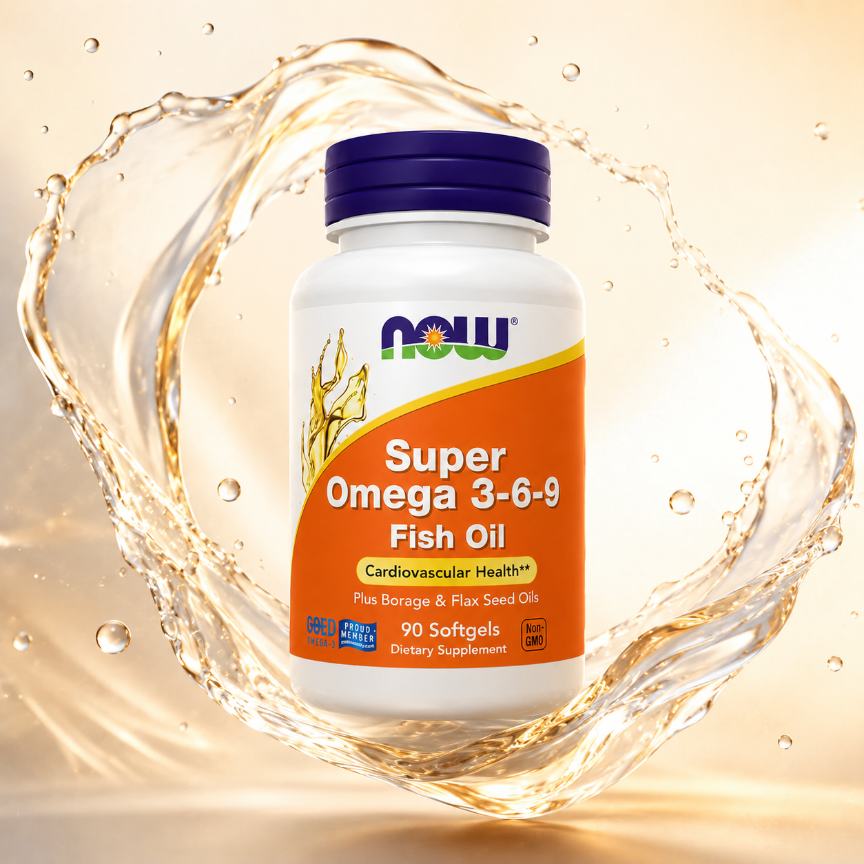 NOW Super Omega 3-6-9 Fish Oil Plus Borage & Flax Seed Oils Dietary Supplement Softgels 90 Softgels supporting cardiovascular health.