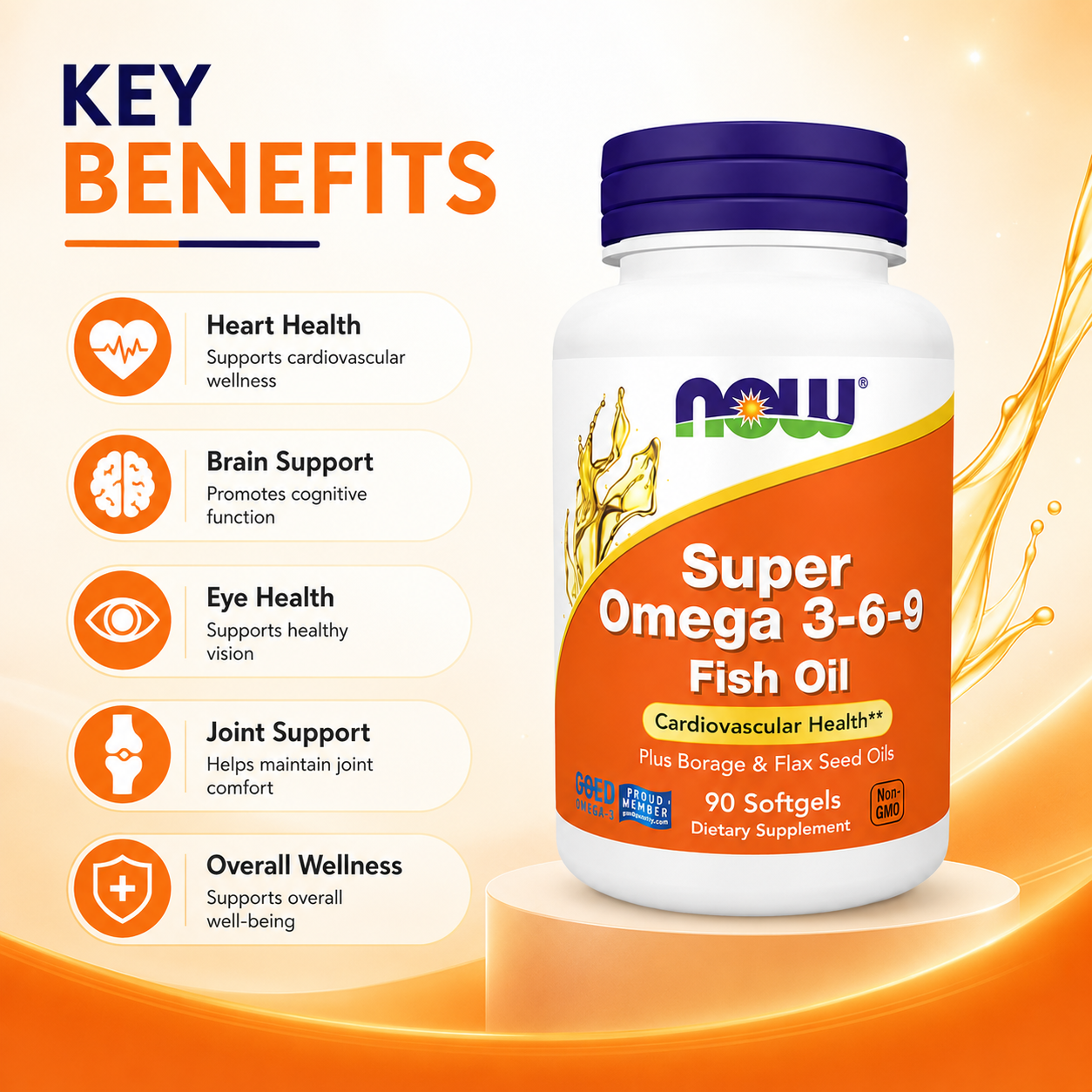 NOW Super Omega 3-6-9 Fish Oil Plus Borage & Flax Seed Oils Dietary Supplement Softgels 90 Softgels supporting cardiovascular health.