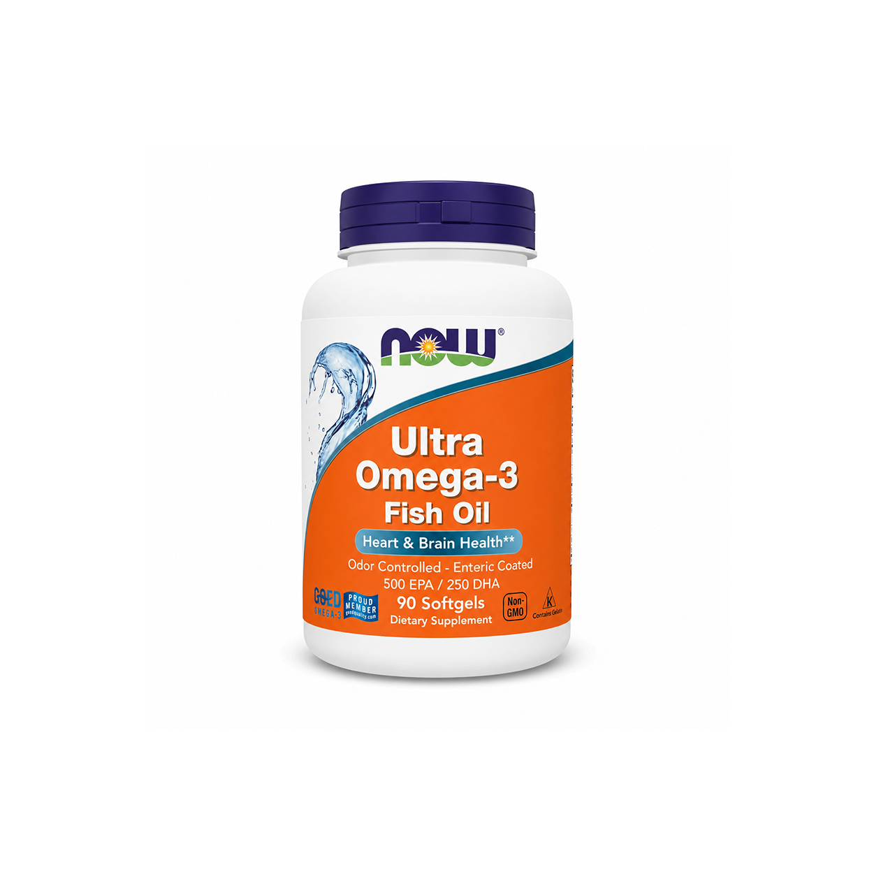 NOW Ultra Omega-3 Fish Oil Heart & Brain Health 90 Softgels omega-3 supplement supporting heart and brain health with 500 EPA and 250 DHA.