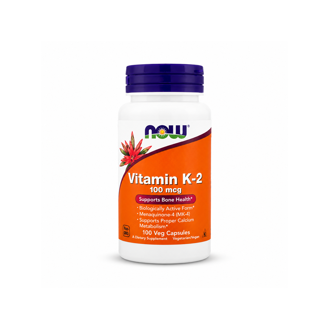 NOW Vitamin K-2 100 mcg 100 Veg Capsules dietary supplement for bone health support and proper calcium metabolism, vegetarian formula.