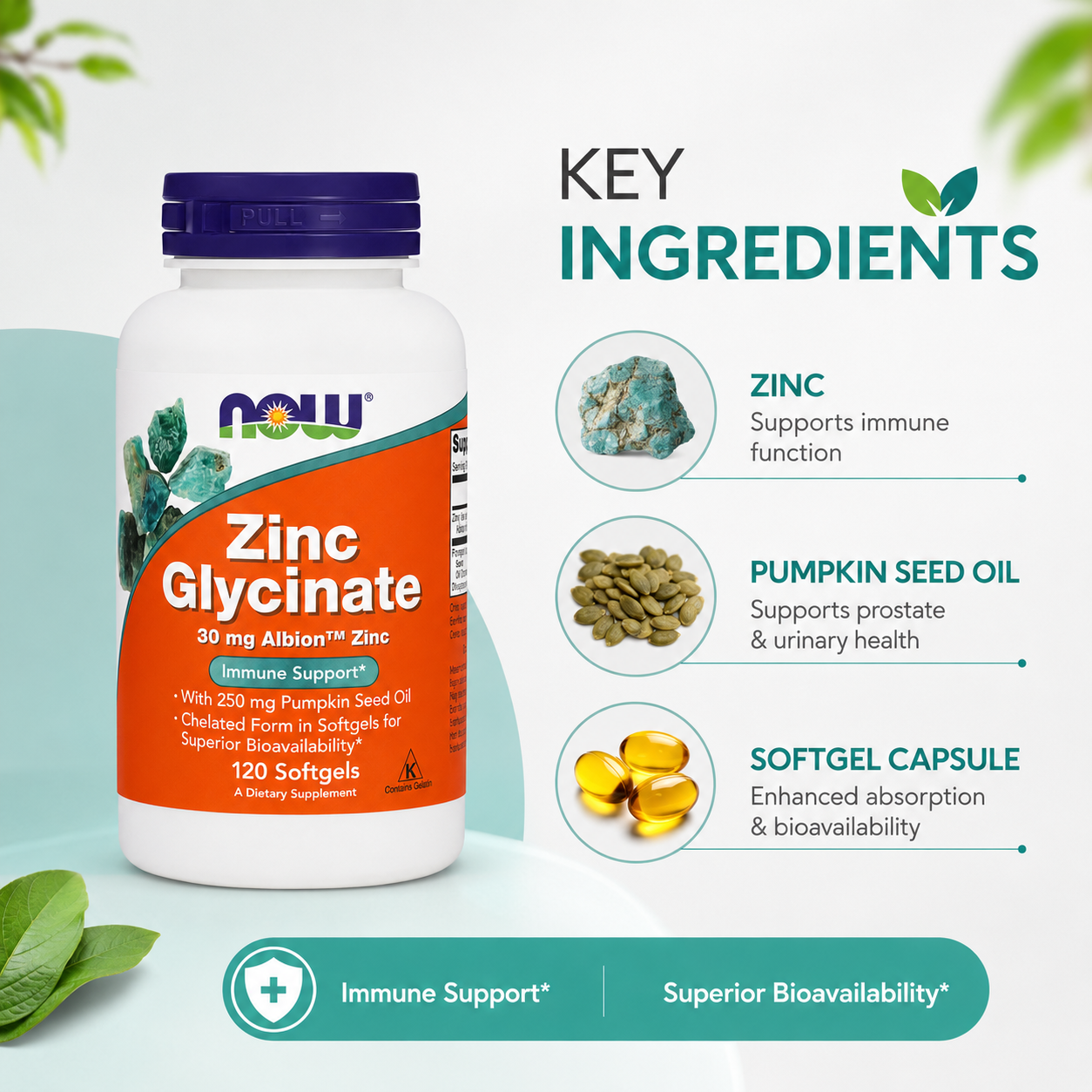 NOW Zinc Glycinate 30 mg Albion™ Zinc Immune Support With 250 mg Pumpkin Seed Oil 120 Softgels dietary supplement for daily immune support.