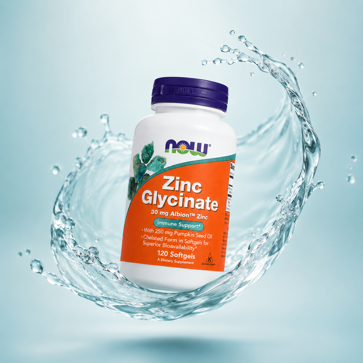 NOW Zinc Glycinate 30 mg Albion™ Zinc Immune Support With 250 mg Pumpkin Seed Oil 120 Softgels dietary supplement for daily immune support.