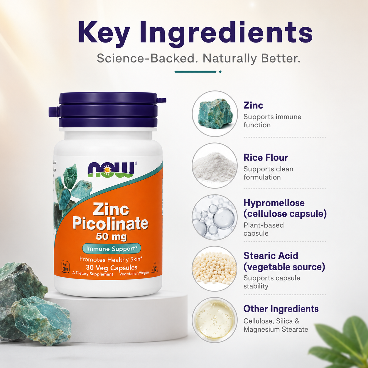 NOW Zinc Picolinate 50 mg Immune Support Promotes Healthy Skin 30 Veg Capsules dietary supplement supporting immune health and healthy skin.