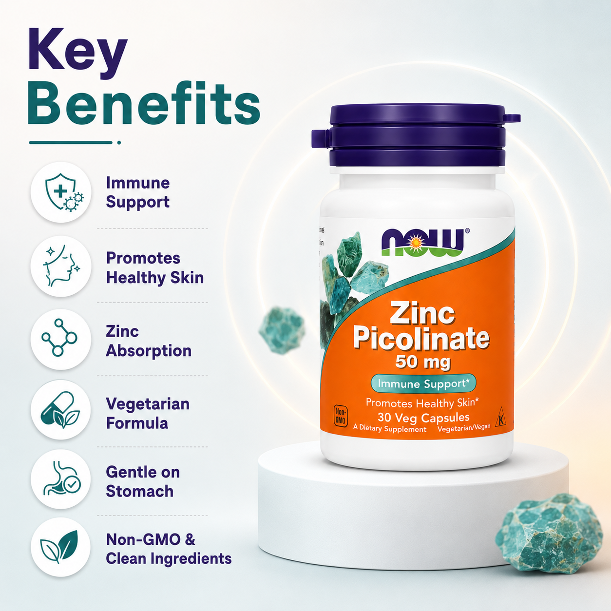 NOW Zinc Picolinate 50 mg Immune Support Promotes Healthy Skin 30 Veg Capsules dietary supplement supporting immune health and healthy skin.