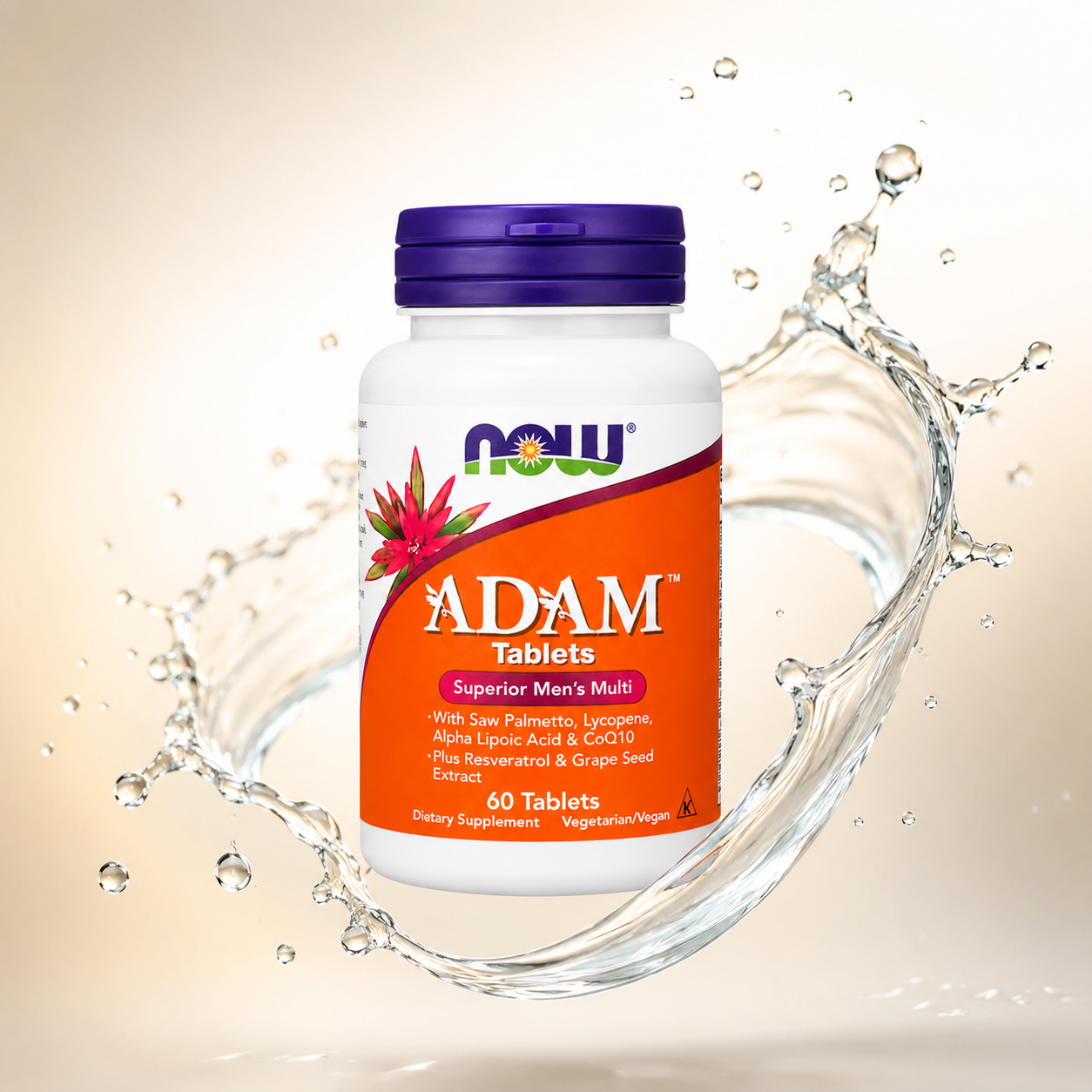 NOW ADAM Tablets Superior Men's Multi 60 Tablets men's multivitamin supplement supporting prostate health, energy, and daily wellness.