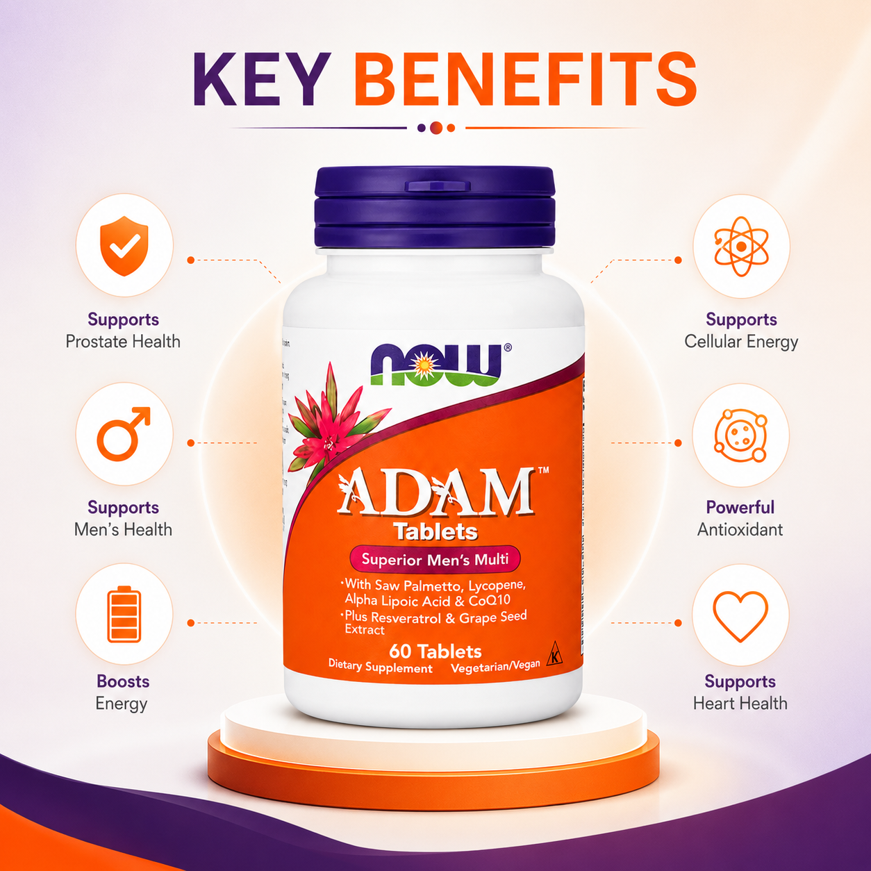 NOW ADAM Tablets Superior Men's Multi 60 Tablets men's multivitamin supplement supporting prostate health, energy, and daily wellness.