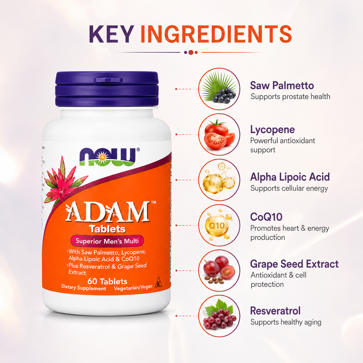 NOW ADAM Tablets Superior Men's Multi 60 Tablets men's multivitamin supplement supporting prostate health, energy, and daily wellness.