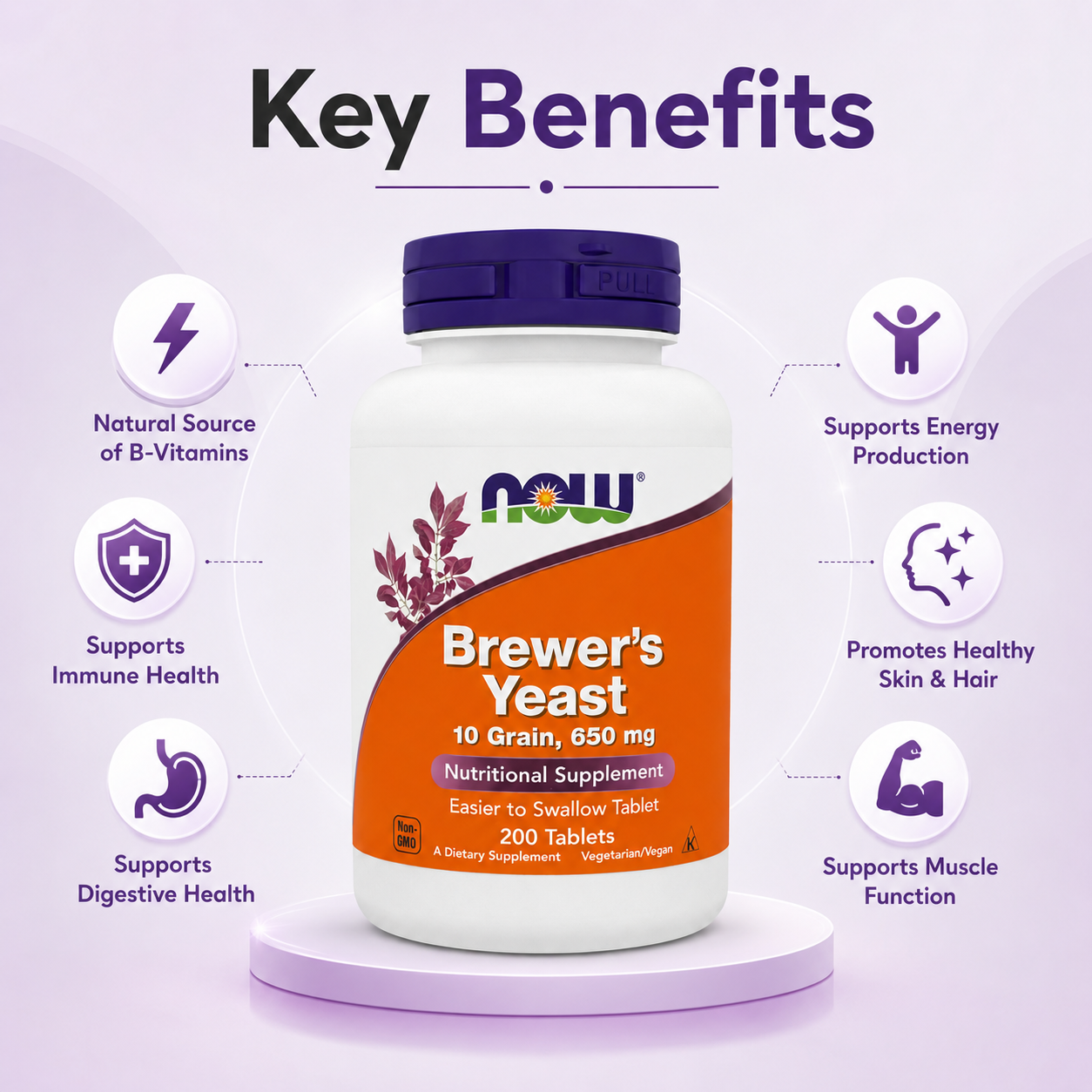 NOW Brewer's Yeast 10 Grain 650 mg Nutritional Supplement Tablets 200 Tablets supporting daily B vitamin intake and healthy energy metabolism