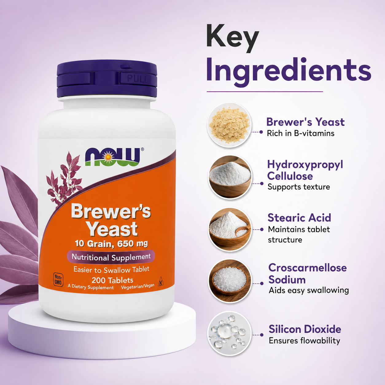 NOW Brewer's Yeast 10 Grain 650 mg Nutritional Supplement Tablets 200 Tablets supporting daily B vitamin intake and healthy energy metabolism
