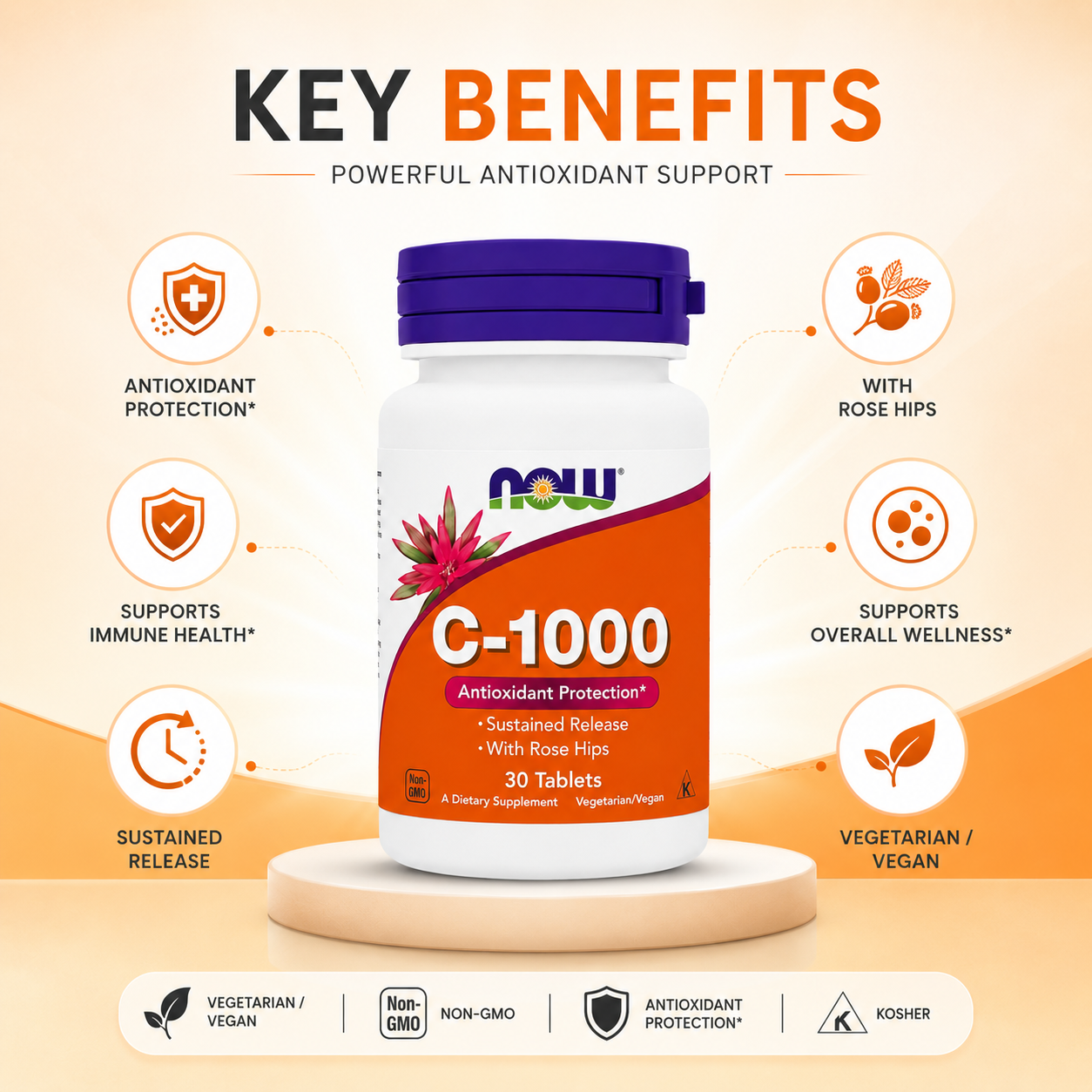 NOW C-1000 Antioxidant Protection Sustained Release With Rose Hips 30 Tablets vitamin C supplement supporting immune health and antioxidant protection.