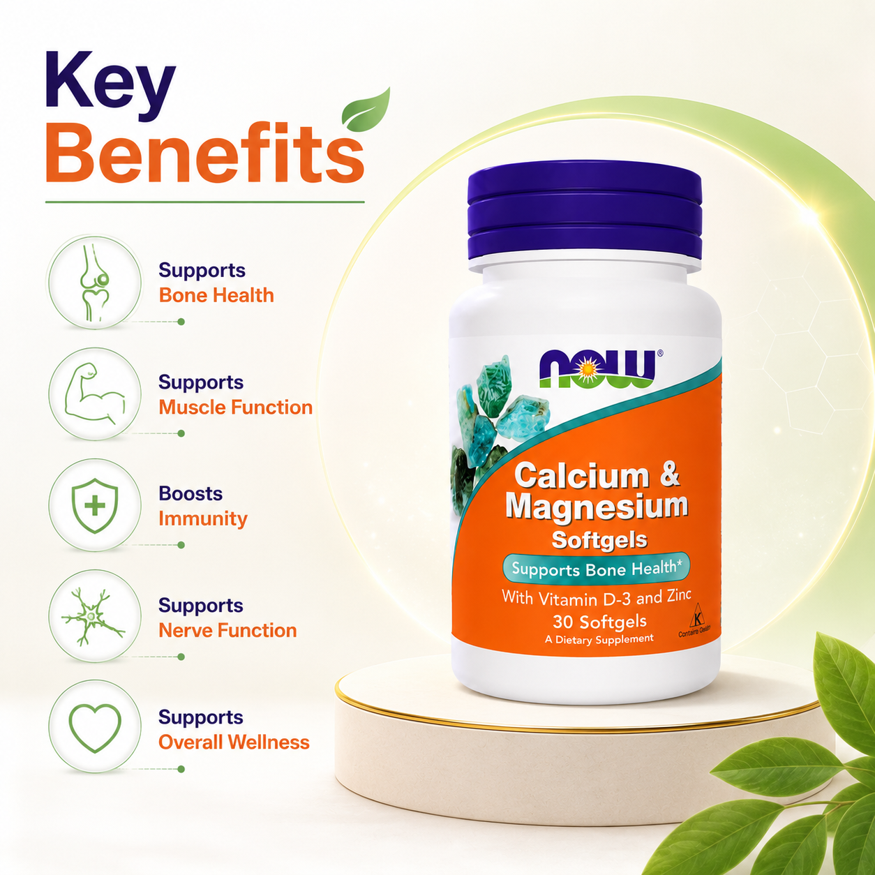 NOW Calcium & Magnesium Softgels With Vitamin D-3 and Zinc 30 Softgels dietary supplement supporting healthy bones, muscles, and teeth.