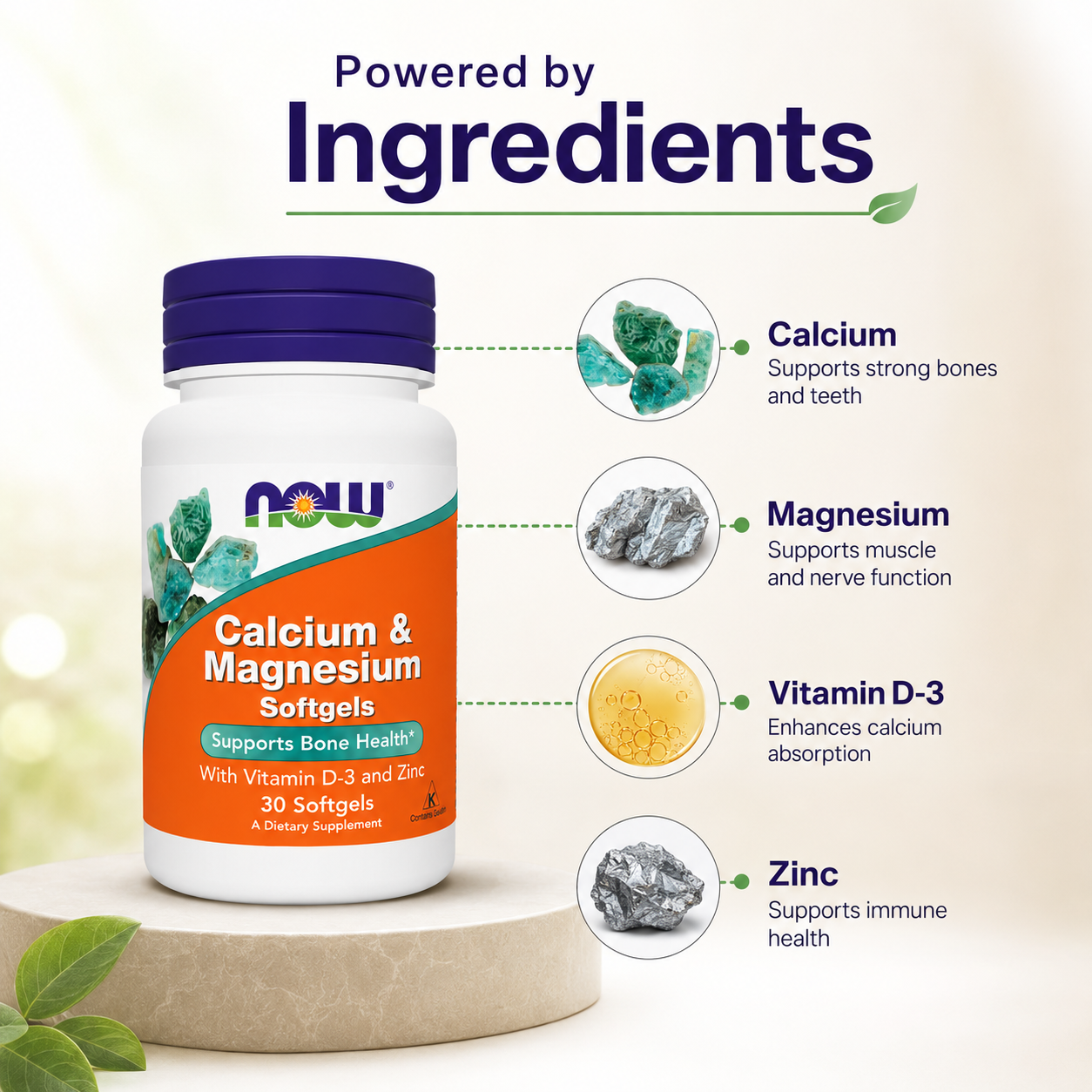 NOW Calcium & Magnesium Softgels With Vitamin D-3 and Zinc 30 Softgels dietary supplement supporting healthy bones, muscles, and teeth.