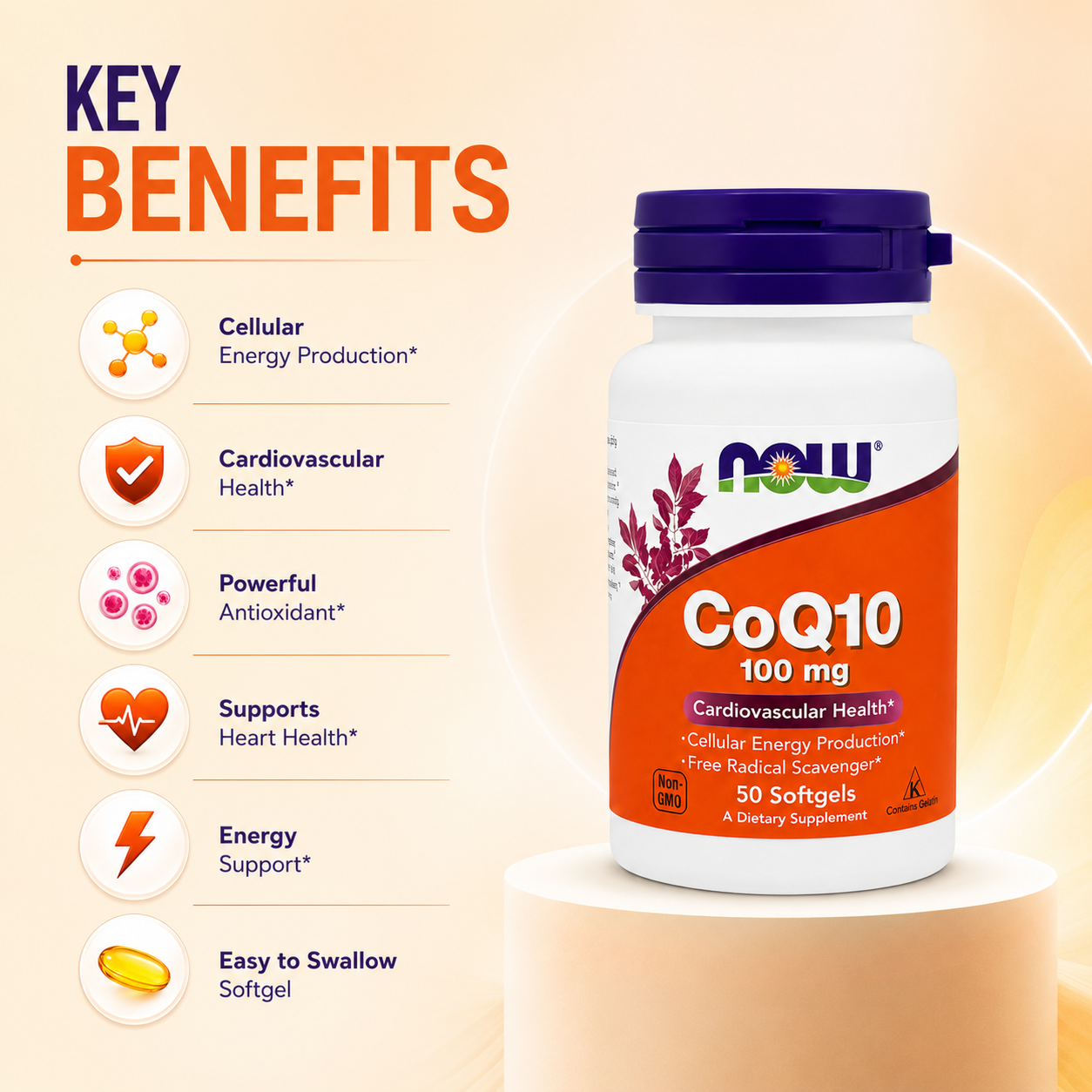 NOW CoQ10 100 mg Cardiovascular Health 50 Softgels dietary supplement bottle supporting heart health and cellular energy production.