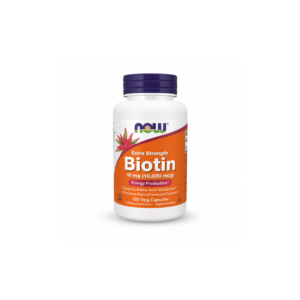 NOW Extra Strength Biotin 10 mg (10,000 mcg) 120 Veg Capsules dietary supplement bottle supporting healthy hair, skin and strong nails.