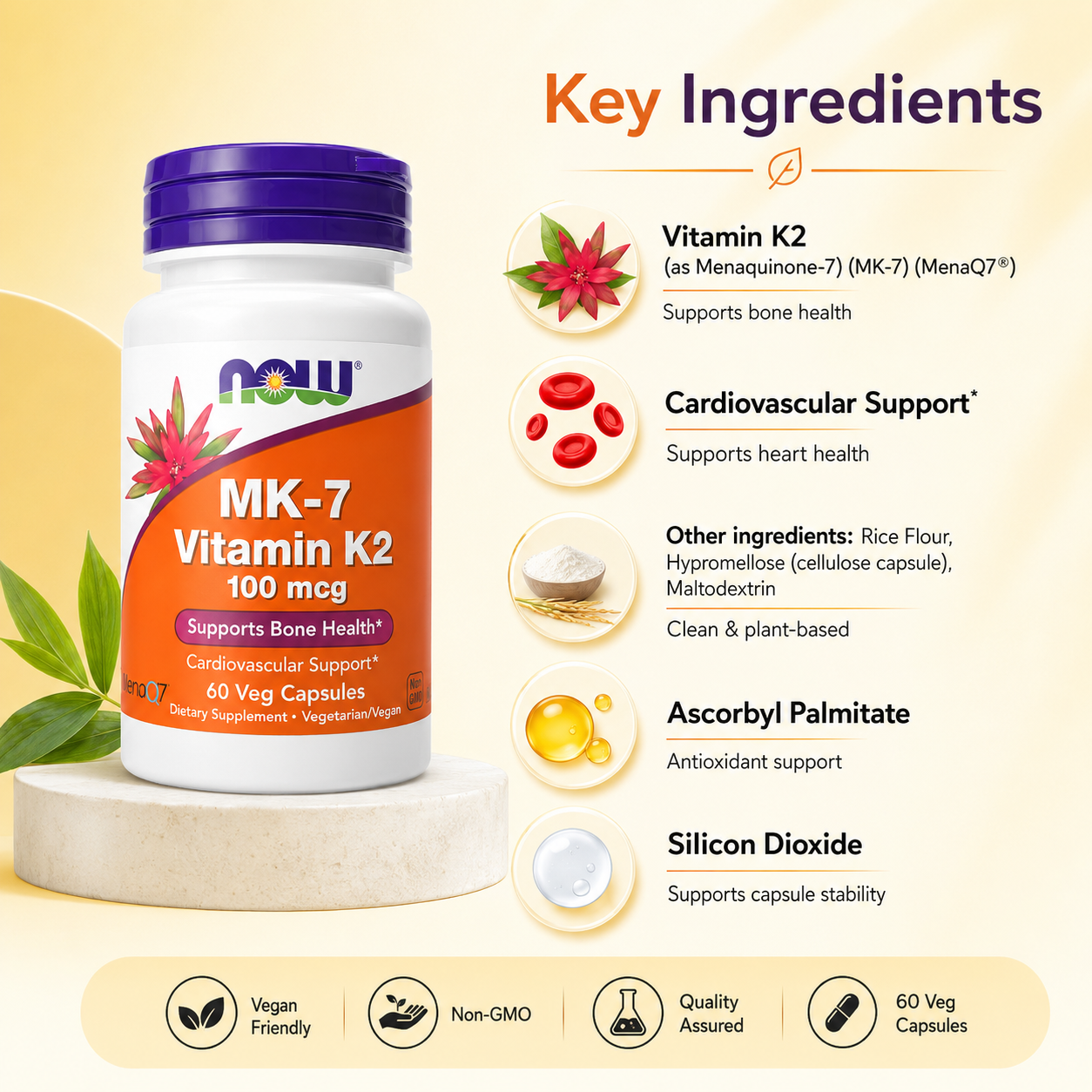 NOW Foods MK-7 Vitamin K2 100 mcg 60 veg capsules dietary supplement bottle supporting bone and cardiovascular health