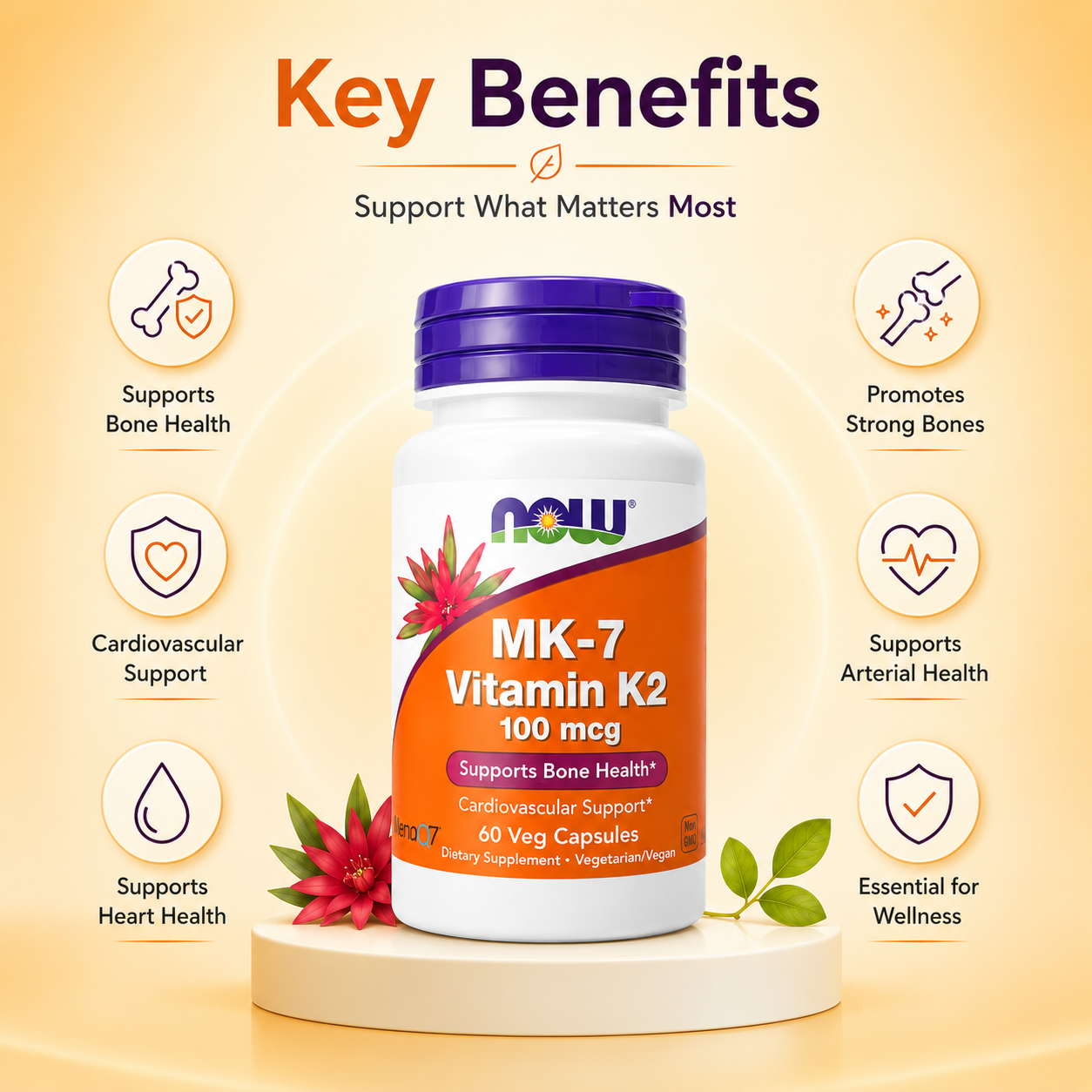 NOW Foods MK-7 Vitamin K2 100 mcg 60 veg capsules dietary supplement bottle supporting bone and cardiovascular health
