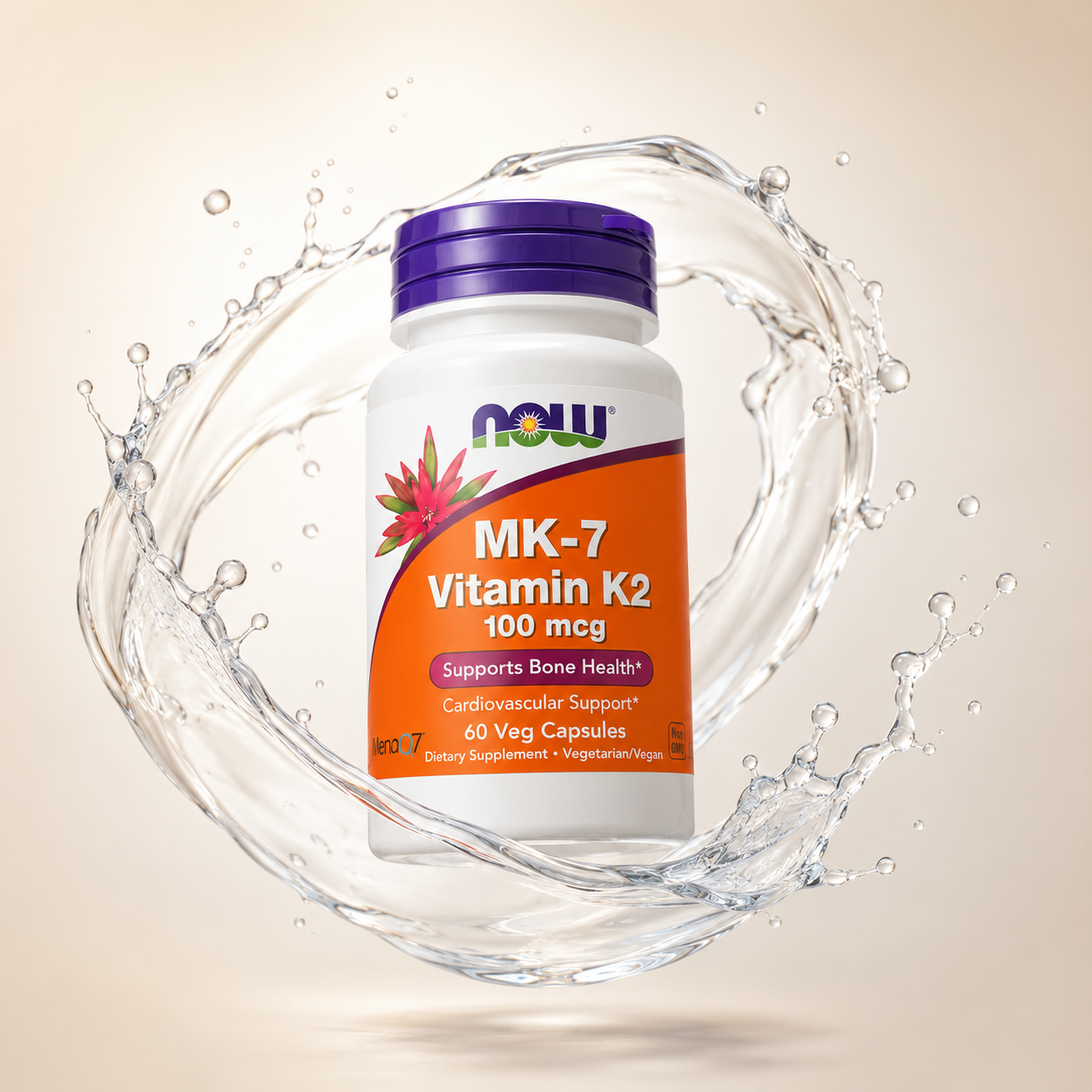 NOW Foods MK-7 Vitamin K2 100 mcg 60 veg capsules dietary supplement bottle supporting bone and cardiovascular health
