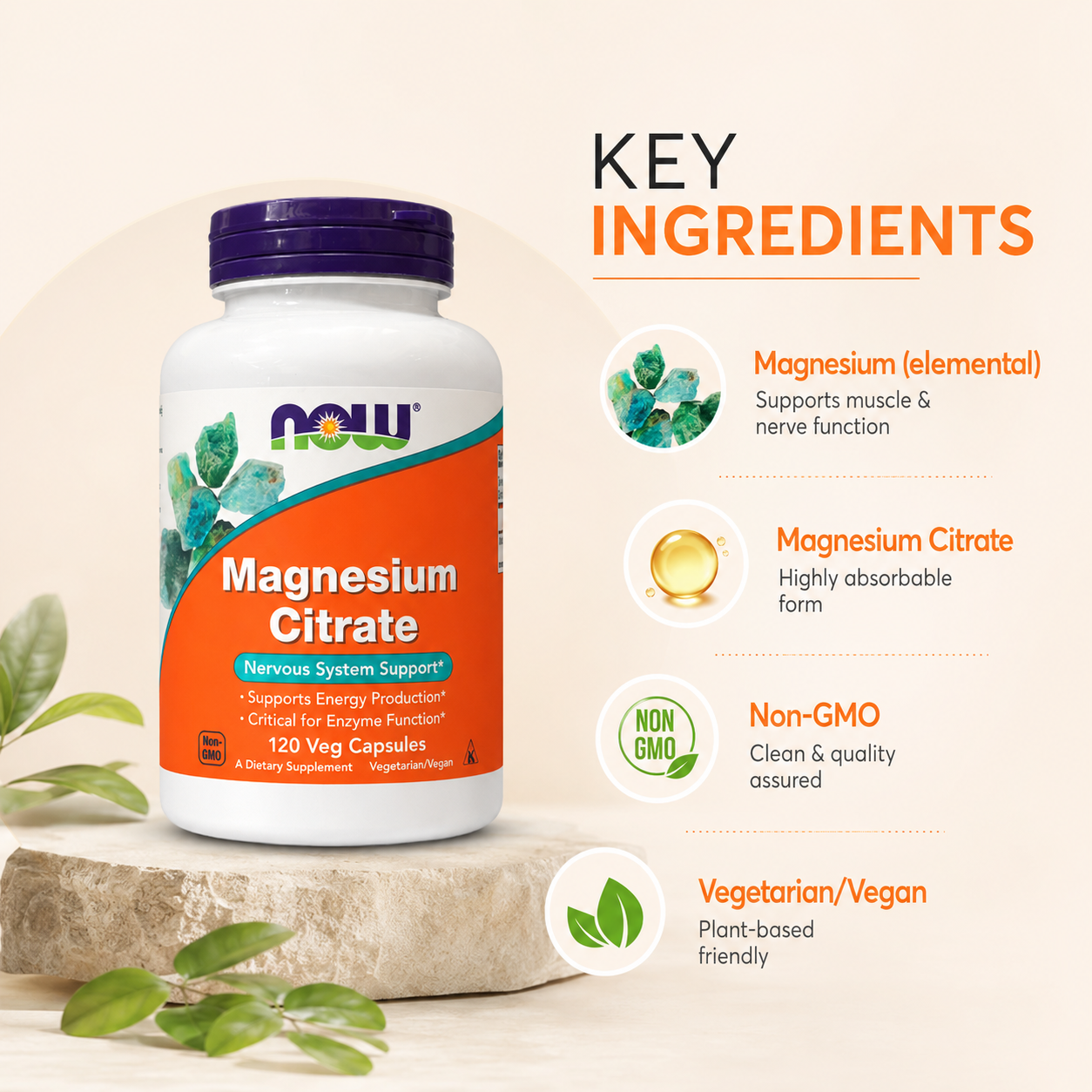 NOW Foods Magnesium Citrate 400 mg 120 veg capsules dietary supplement bottle supporting muscle relaxation and nervous system health