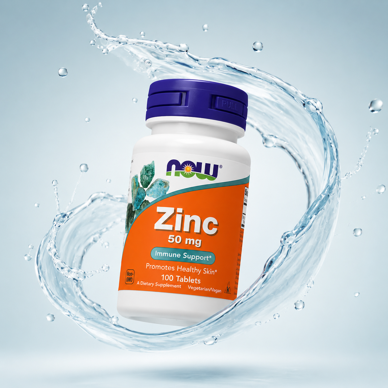 NOW Foods Zinc 50 mg tablets dietary supplement bottle for immune support and healthy skin, 100 tablets packaging shown on label