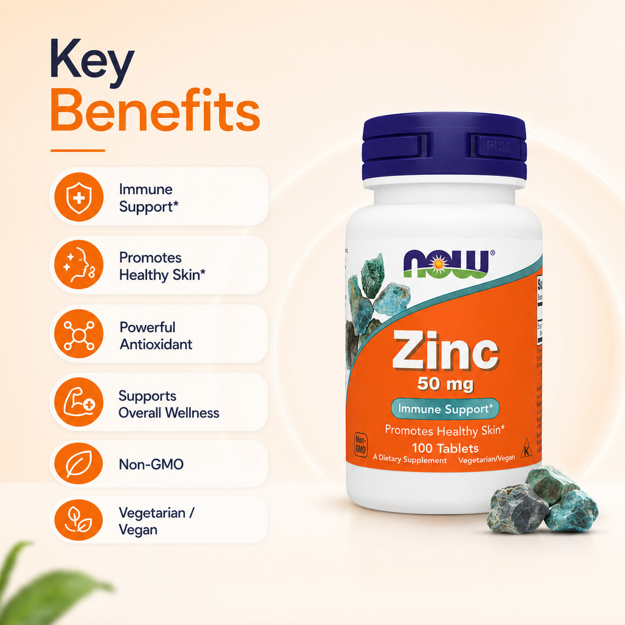 NOW Foods Zinc 50 mg tablets dietary supplement bottle for immune support and healthy skin, 100 tablets packaging shown on label