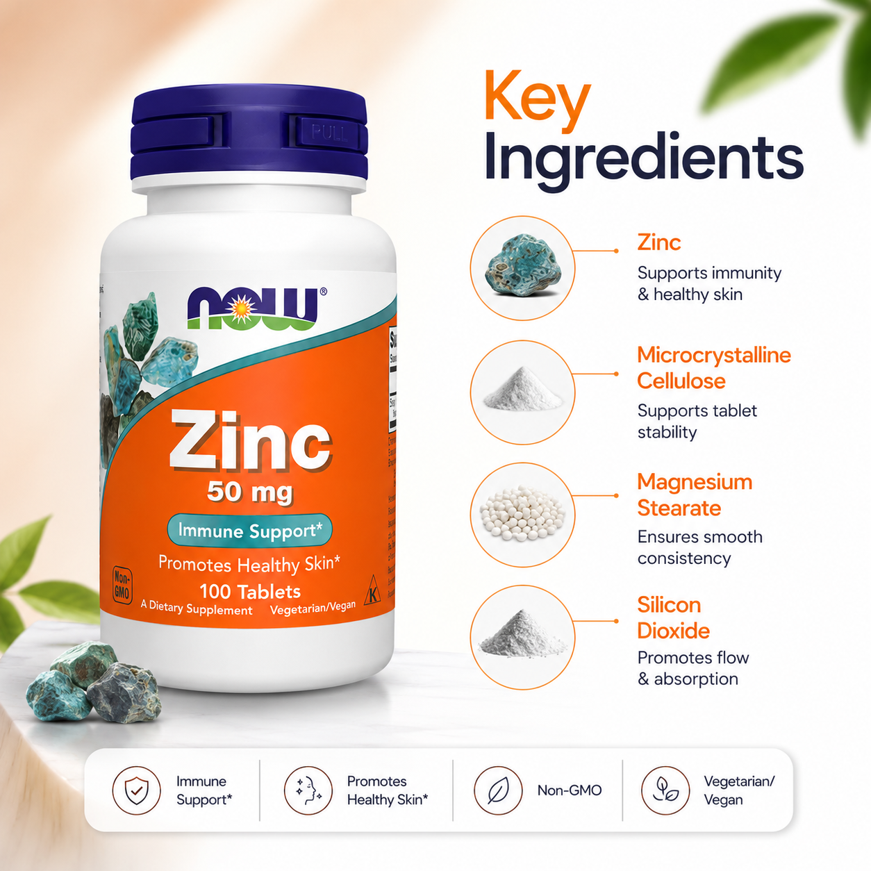 NOW Foods Zinc 50 mg tablets dietary supplement bottle for immune support and healthy skin, 100 tablets packaging shown on label