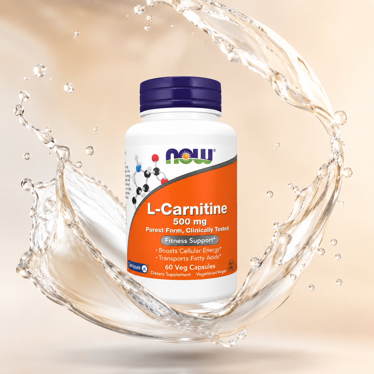 NOW L-Carnitine 500 mg 60 Veg Capsules dietary supplement supporting cellular energy and fatty acid metabolism with Carnipure® L-Carnitine.
