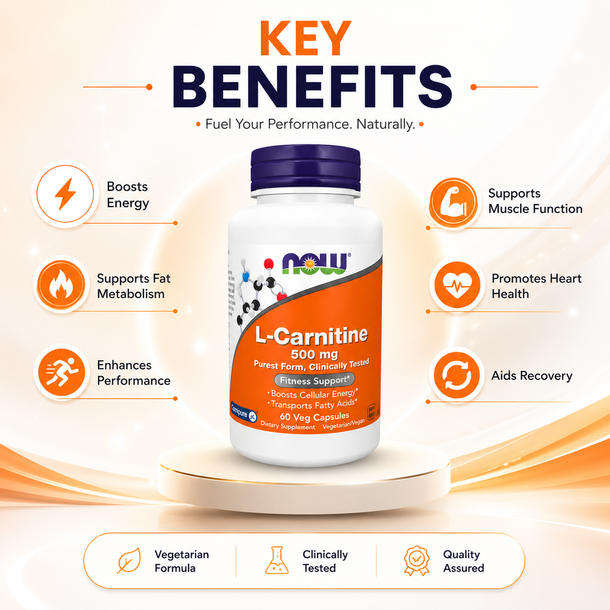 NOW L-Carnitine 500 mg 60 Veg Capsules dietary supplement supporting cellular energy and fatty acid metabolism with Carnipure® L-Carnitine.