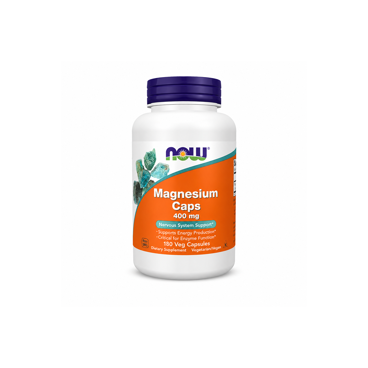 NOW Magnesium Caps 400 mg 180 Veg Capsules dietary supplement bottle supporting muscle, nerve and energy health with 400 mg elemental magnesium.