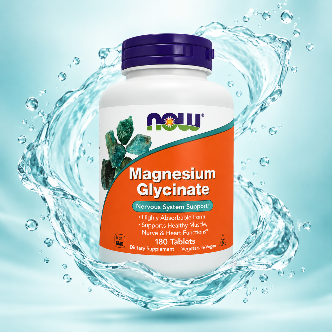 NOW Magnesium Glycinate Nervous System Support 180 Tablets dietary supplement for muscle, nerve and heart health with highly absorbable magnesium.