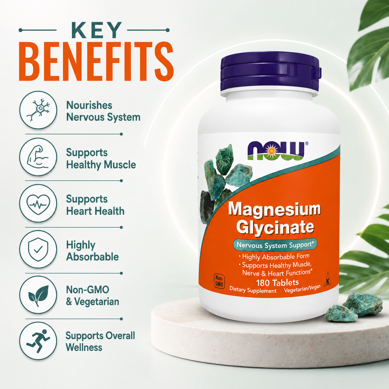 NOW Magnesium Glycinate Nervous System Support 180 Tablets dietary supplement for muscle, nerve and heart health with highly absorbable magnesium.