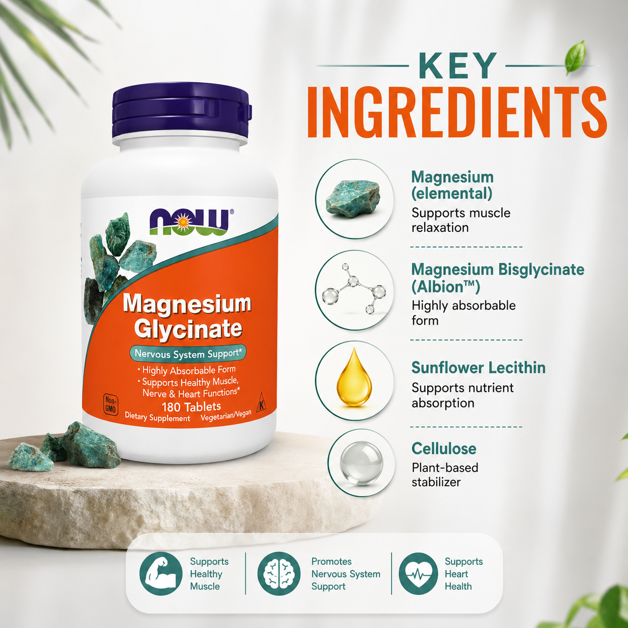 NOW Magnesium Glycinate Nervous System Support 180 Tablets dietary supplement for muscle, nerve and heart health with highly absorbable magnesium.