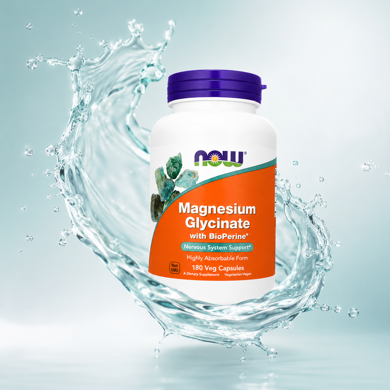 NOW Magnesium Glycinate with BioPerine 180 Veg Capsules dietary supplement for highly absorbable muscle and nervous system support.