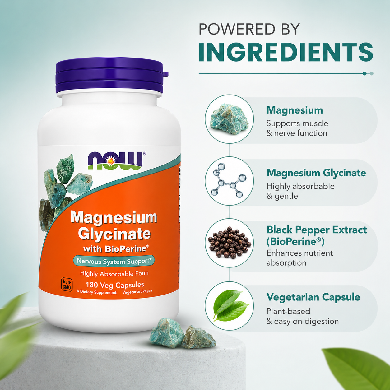 NOW Magnesium Glycinate with BioPerine 180 Veg Capsules dietary supplement for highly absorbable muscle and nervous system support.