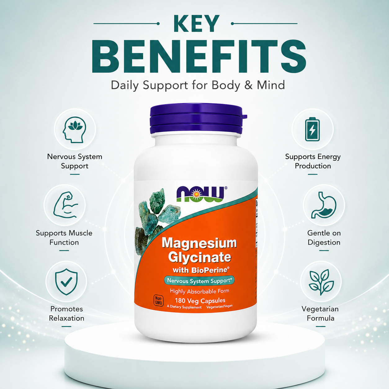 NOW Magnesium Glycinate with BioPerine 180 Veg Capsules dietary supplement for highly absorbable muscle and nervous system support.