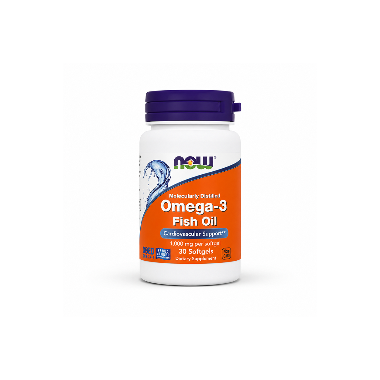NOW Molecularly Distilled Omega-3 Fish Oil 1000 mg 30 Softgels dietary supplement bottle supporting cardiovascular, brain and eye health.